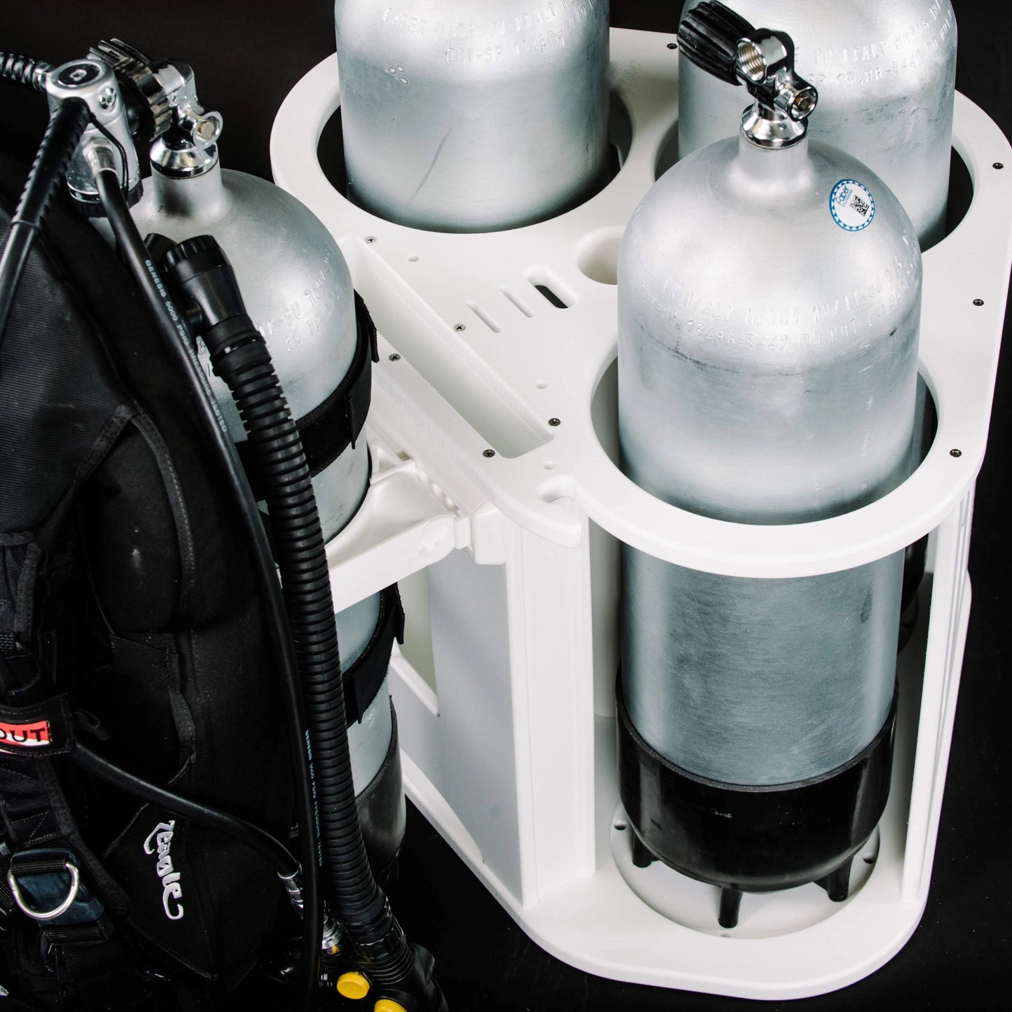 Keep your dive gear safe and secure with Mangrove Marine's Scuba Tank Rack is made by a lifetime diver for divers. Our precision engineering and quality materials offer the long term value and quality you demand for your marine life. King brand Starboard, stainless hardware, featuring 3 optional custom add-ons.