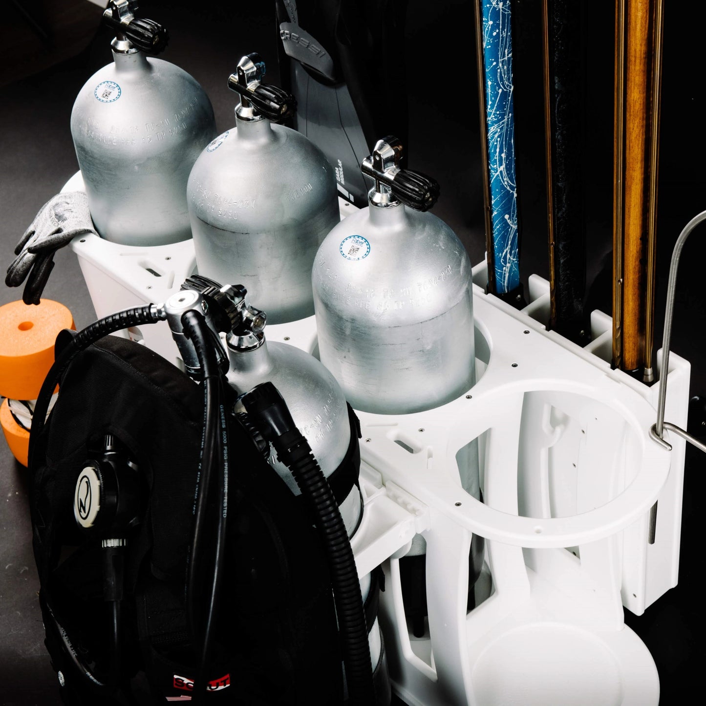 Keep your dive gear safe and secure with Mangrove Marine's Scuba Tank Rack is made by a lifetime diver for divers. Our precision engineering and quality materials offer the long term value and quality you demand for your marine life. King brand Starboard, stainless hardware, featuring 3 optional custom add-ons.