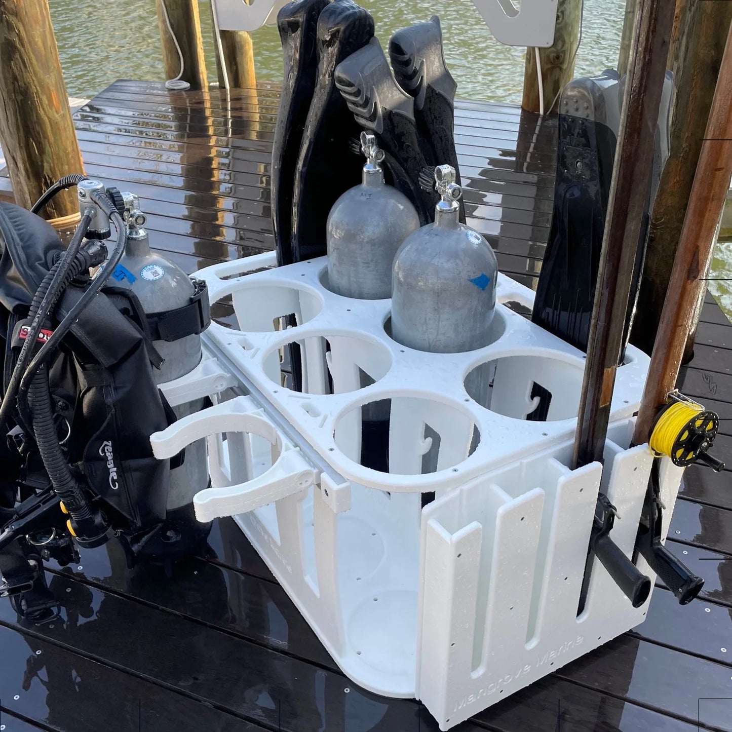 Keep your dive gear safe and secure with Mangrove Marine's Scuba Tank Rack is made by a lifetime diver for divers.   Our precision engineering  and quality materials offer the  long term value and quality you demand for your marine life.   King brand Starboard, stainless hardware, featuring 3 optional custom add-ons.  