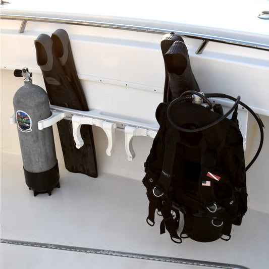Too many tanks but not a lot of space on the boat? Introducing the new Mangrove Marine easily mounted, space saving Tank Rack and Fin Holder.  Mangrove Marine offers 3 mounting options, and our precision engineering uses 1.5” King brand Starboard, stainless hardware, Roll Control brand tank holders and fold away feature when not using.    Click thru for more details and options.