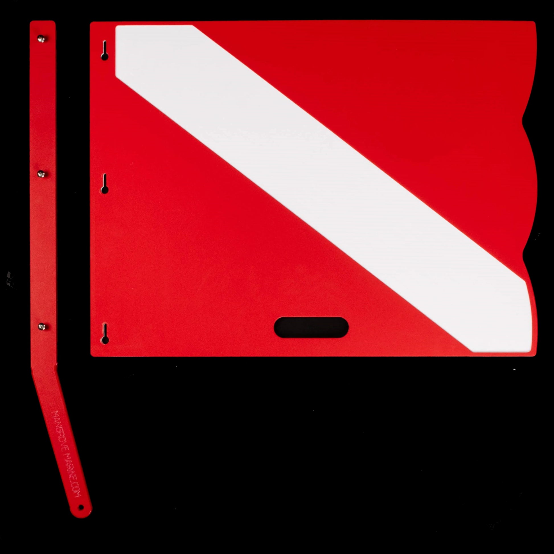 Mangrove Marine's Hard Dive Flag offers 2 mounting options.   Shown is the 15 degree mounting option for angled rod holders.