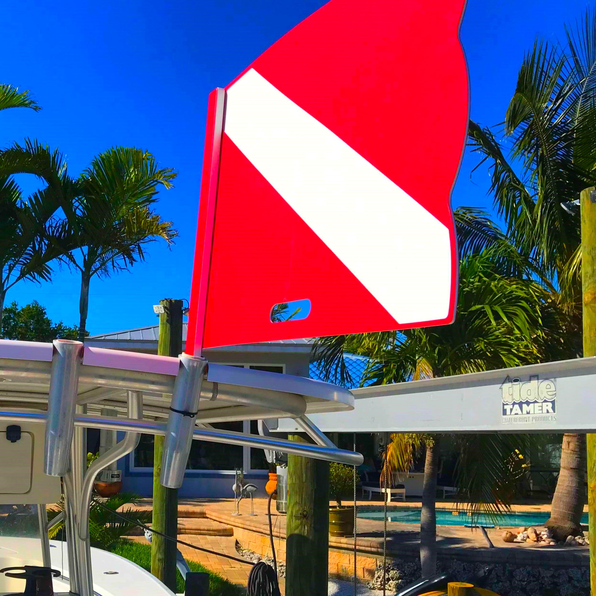 Divers!   Stay safe while diving with the Mangrove Marine Hard Dive Flag that always flies straight, even in zero wind.  Divers are saying goodbye to flimsy dive flags and opting to ensure clear visibility with a Hard Dive Flag available in two mountain configurations: T-Top or straight and made of King brand starboard.