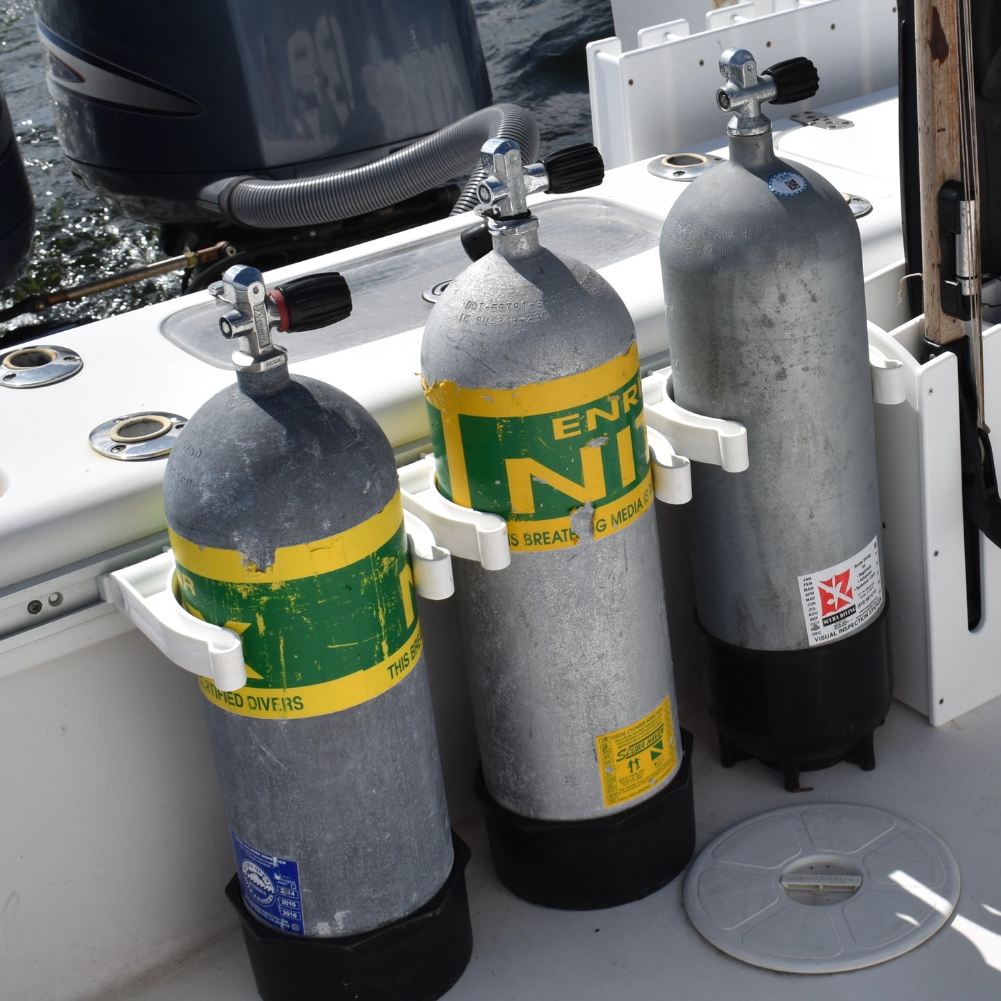 Mangrove Marine’s Roll Control Adjustable Dive Tank Holders offer divers easy access to rigged and ready diving rigs. Designed to be installed in tandem with the Roll Control Aluminum Track, our Adjustable Dive Tank Holders holds tanks vertically against the side of your boat or your truck saving space and keeping tanks secure when en-route to your destination. Brackets fold down to save even more space when not in use. Rope tie-down holes are available for increased security.